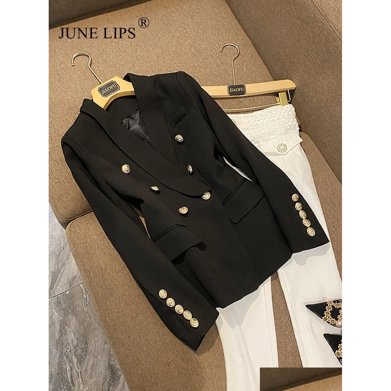 Damskie garnitury Blazers Women June Lips Allmatch Dudzki Zielony Zielony Blue Nude Black Blazer Jacket Gold Buttons Podwójnie piersi Drop de Dh1fb