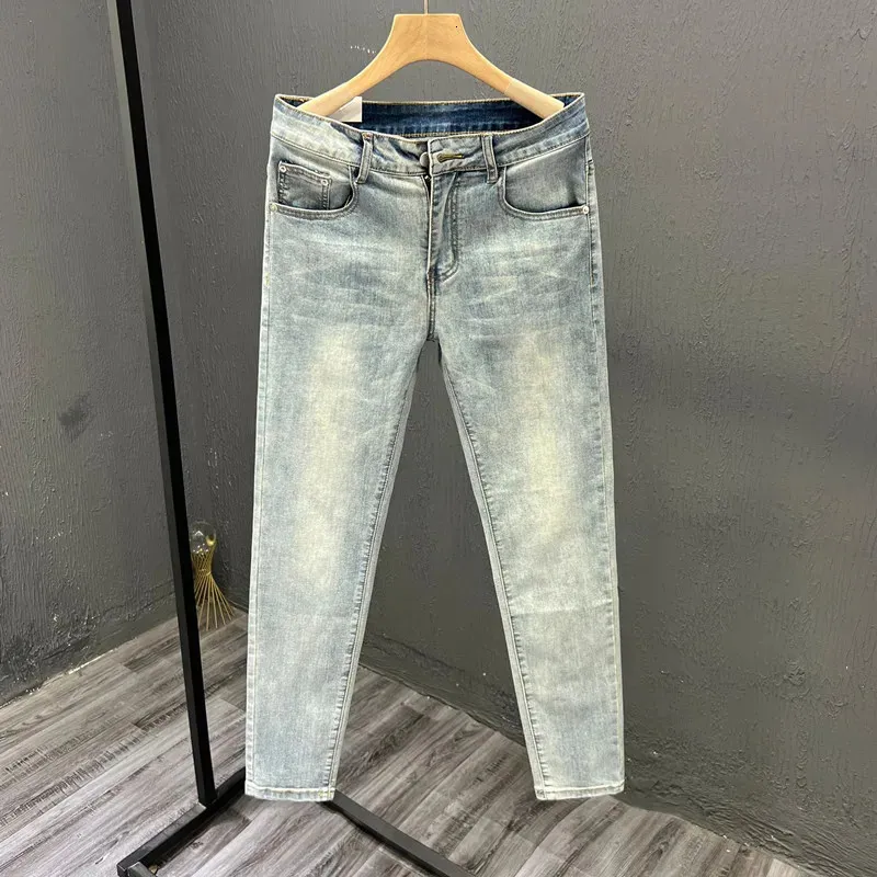Pantalon de haute qualité de style coréen massif luxe massif lavé vintage stre printemps été skinny jeans hommes pantalon denim bleu 240425
