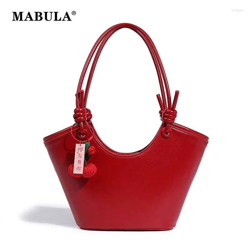 Evening Bags MABULA Knot Strap Women's Red Basket Tote Bag 2 Pcs Set Exquisite Leather Shoulder Hobo Purse Designer Simple Shopper Handbag