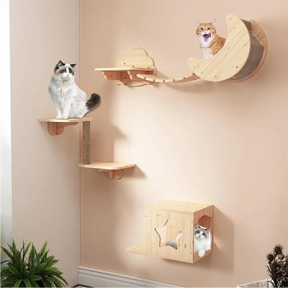 スクラッチャー猫のスクラッチクライミングポストウォールマウントキャットハンモックベッドペット家具子猫壁棚セット猫止まり木製猫の木の家