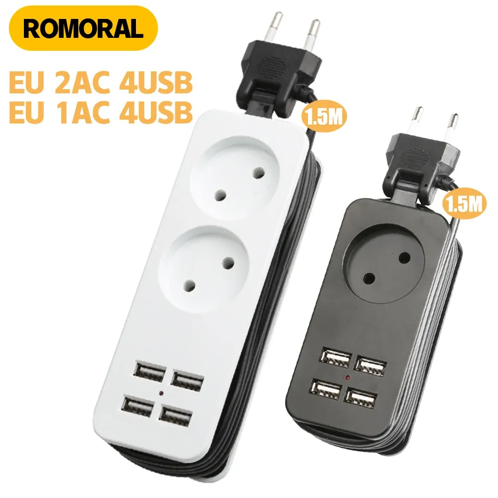 Adapters EU -plugvermindering met 1,5 m verlengkabel elektrische stopcontacten 4USB -poortlader Power Powerable AC Meerdere stroomadapter