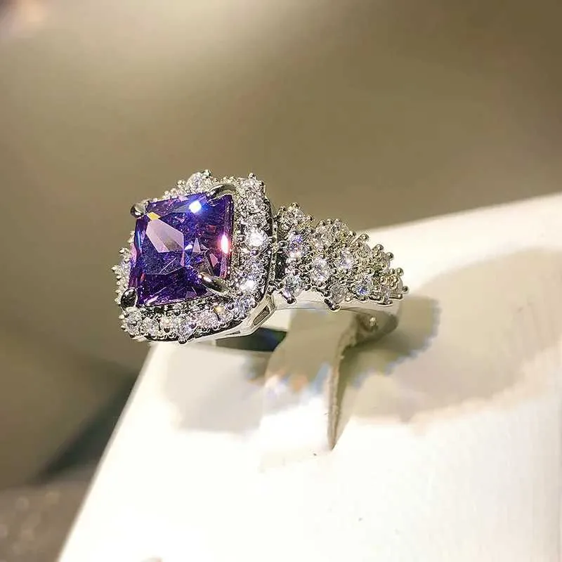 Band Rings 925 Silver Colorful Gemstone Ring Womens Light Luxury High-End Super Flash Purple Zircon Bright Full Of Diamonds Jewelry Gift H240425
