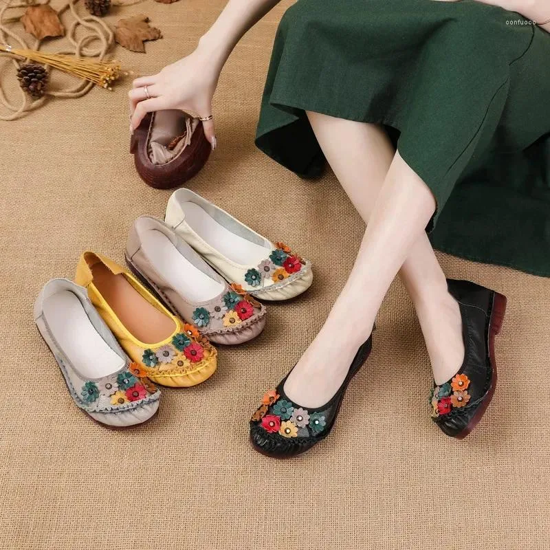Casual Shoes Birkuir Genuine Leather Retro Loafers Women Pleated Flowers Soft Sole Flats Slip On Luxury Walking Female