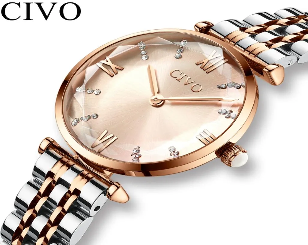 Orologio di cristallo di lusso Civo Women Waterproof Gold Rose Gold Strap Ladies Orologi da polso Top Brand Bracciale Orologio Relogio Feminino T12116248