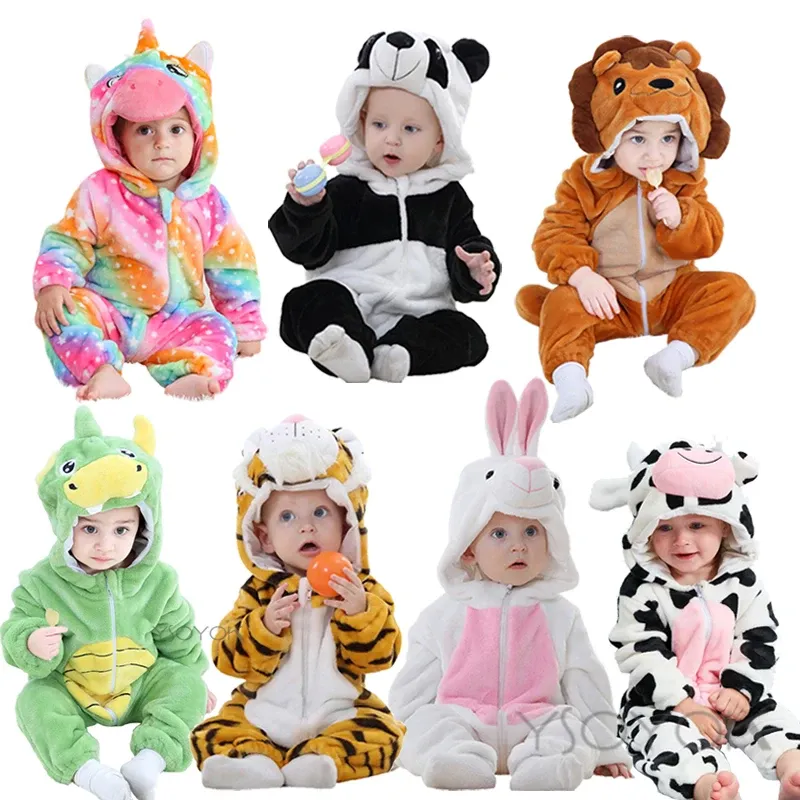 Enstycken baby tecknad romper nyfödd spädbarnskläder pojke flicka pajamas djur onesies jumpsuit licorne panda kostym vinter baby rompers