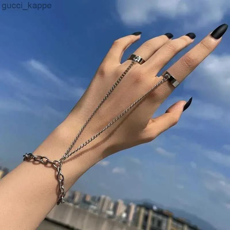 Beaded Punk Geometric Silver Color anime Chain Wrist Bracelet For Women Men Ring Charm Set Couple Emo Fashion Jewelry Gifts couple