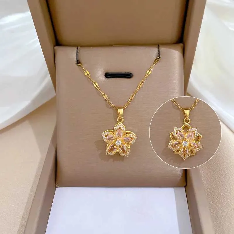 Necklaces Fashionable Rotating Five-leaf Flower Light Temperament Gorgeous Micro-paved Necklace Stainless Steel Pendant_voghion.com