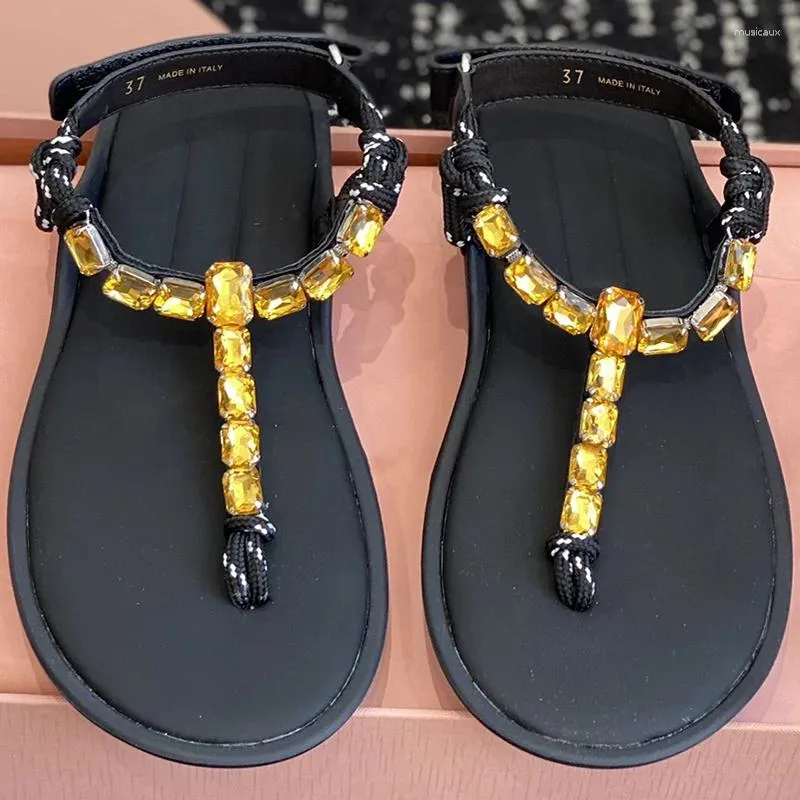 Slippers Baeromad Fashion Runway Summer Black Outdoors Flip Flip Flops's Women's Open Toe Round Magnifique Crystal Magic Tape Sandal