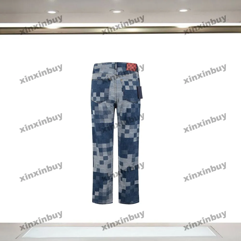 xinxinbuy uomini donne designer pantalone paris a mosaico griglia in denim primavera estate pantaloni casual blu blu m-xl