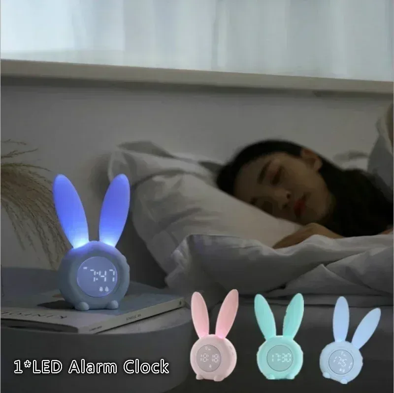 Clocks Cartoon LED Digital Alarm Clock Electronic LED Display Sound Control Rabbit Night Lamp Desk Rechargeable Alarm Clock Digital