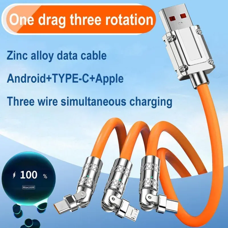 1,2m/2m 3 i 1 USB -datakabel 120W supersnabbladdning 180 graders rotationstyp C Kabel Mikro USB -sladd för iPhone Xiaomi Huawei Samsung bärbar dator