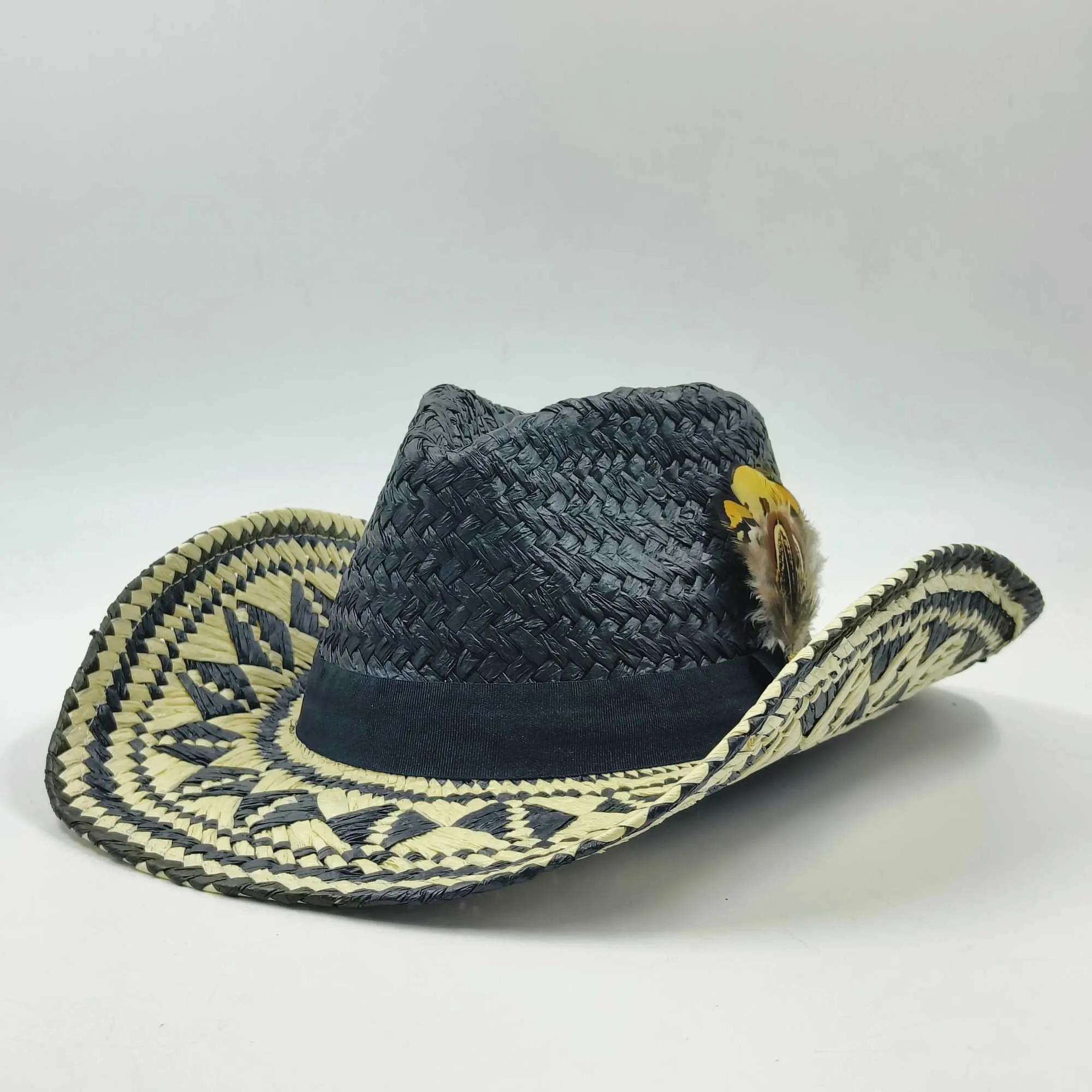 Breite Krempelnhüte Eimer Hats Western Cowboy Strohhut Herren Federhut Mode große Krempe Strohhut Sommer Cowboy Sonnenschild Jazz Hut Sombrero Vaquero Homber Y240425