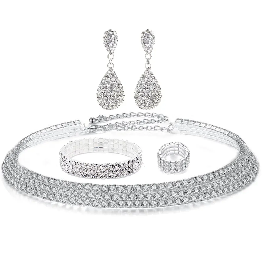 Strass Cristal Lágrima do casamento Jóias de noiva Conjunto de jóias de prata Brincos de colar de gargantilha para mulheres