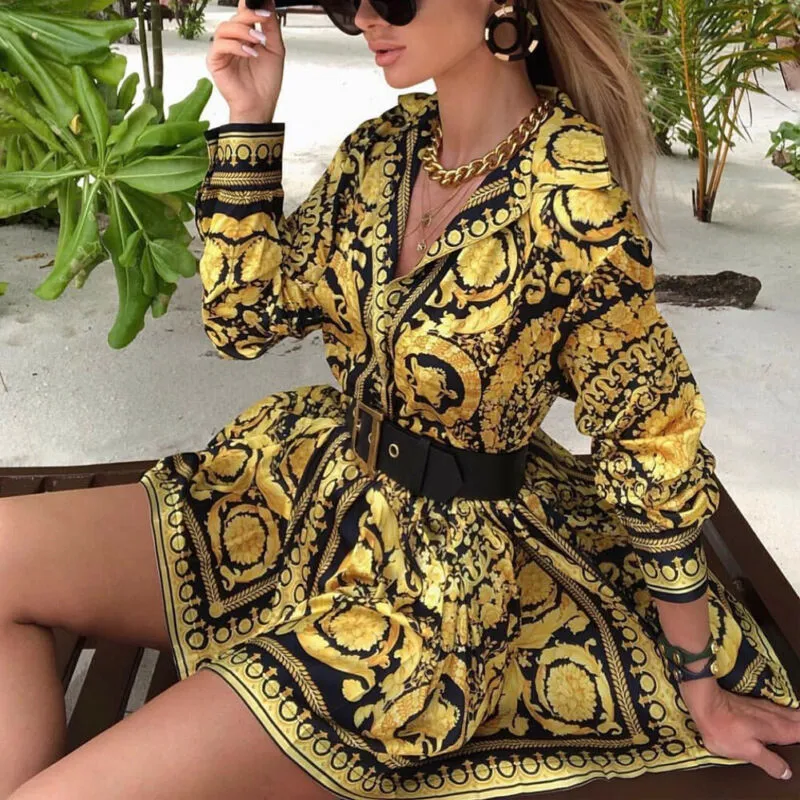 61% OFF Casual Designer Printed Lace‑Up Dress – Luxury Long‑Sleeve Boho Top for Women