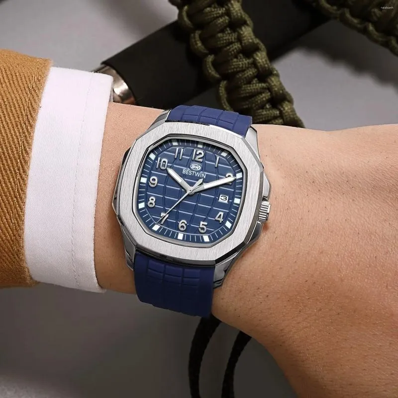 Wristwatches Top Men's Watch Square Dial Quartz Sports Blue Rubber Band Green Business Clock