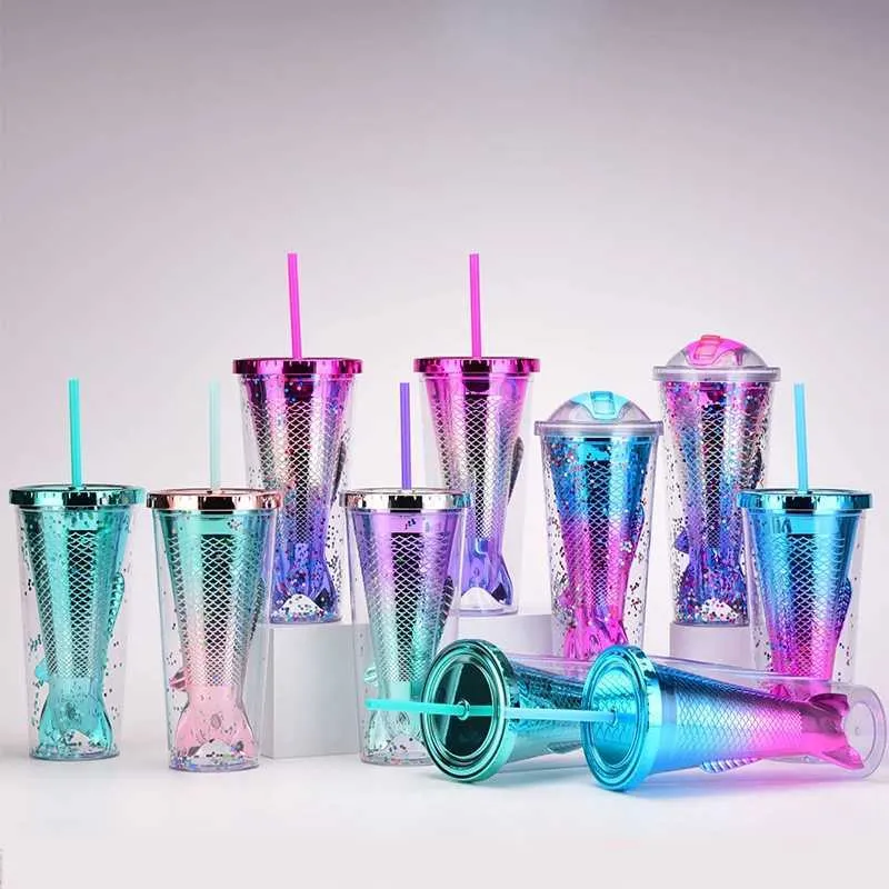 Tumblers 350ml 12oz Double Layered Gradient Beauty Fish Tail Straw Cup Sequined Glitter Rinking Tumbler For Kids Party Gift H240425