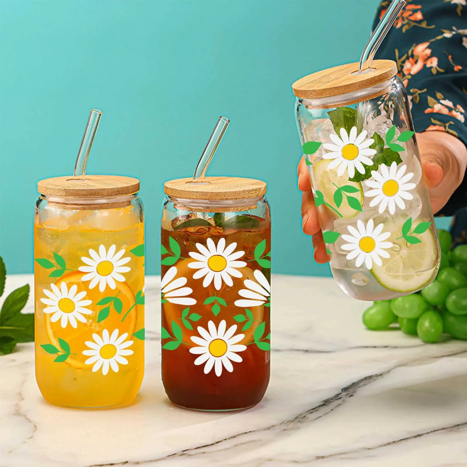 Tumblers 1 Piece Of Green Leafy Petal Daisy Pattern With Bamboo Lid Glass Straw Juice Hot And Cold Drink Bottle Suitable For Summer H240425