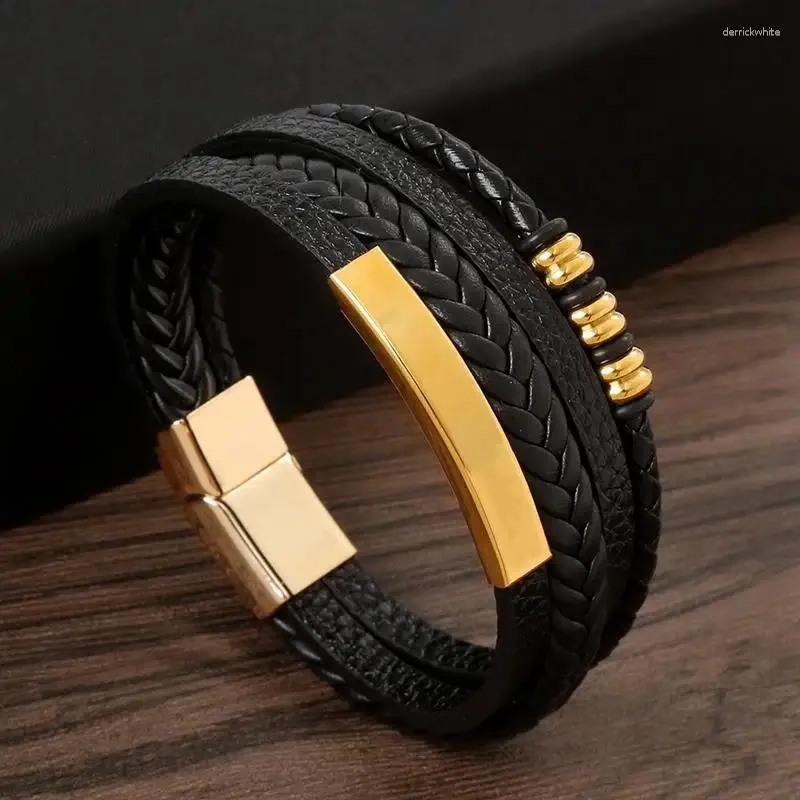 Bracelets de charme jiayiqi punk sórcio de aço inoxidável homem pulseira de bracelete magnético Mutilayer em couro, embrulhando banglles banglles de joias de jóias