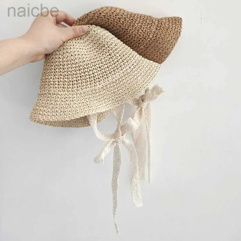 Caps Hats Fashion Lace Baby Hat Summer Straw Bow Baby Boy Girl Cap Beach Children Panama Hat Princess Baby Hats and Caps for Kids d240425