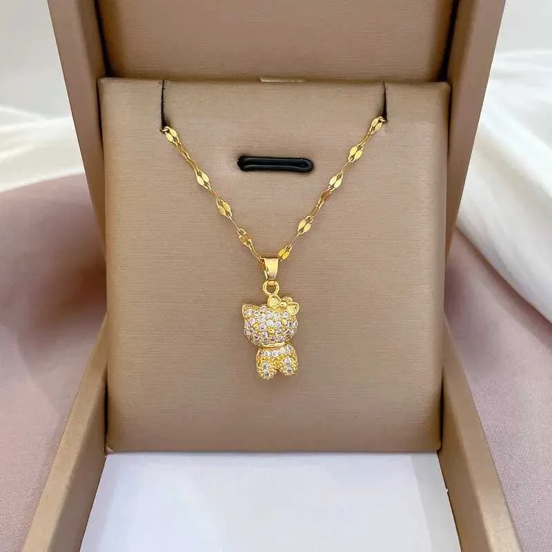 Necklaces Stainless Steel Gold Color Plated Pendant Supplies Micro Pave Zircon Beautiful Cat Bowknot Love Necklace For_voghion.com