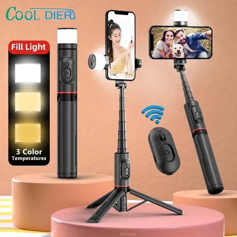 Gimbal Cool Dier Q12s Pliable Stick sans fil Stick Bluetooth monopode avec trépied Light Filt de remplissage à distance pour iOS Android 2023 NOUVEAU