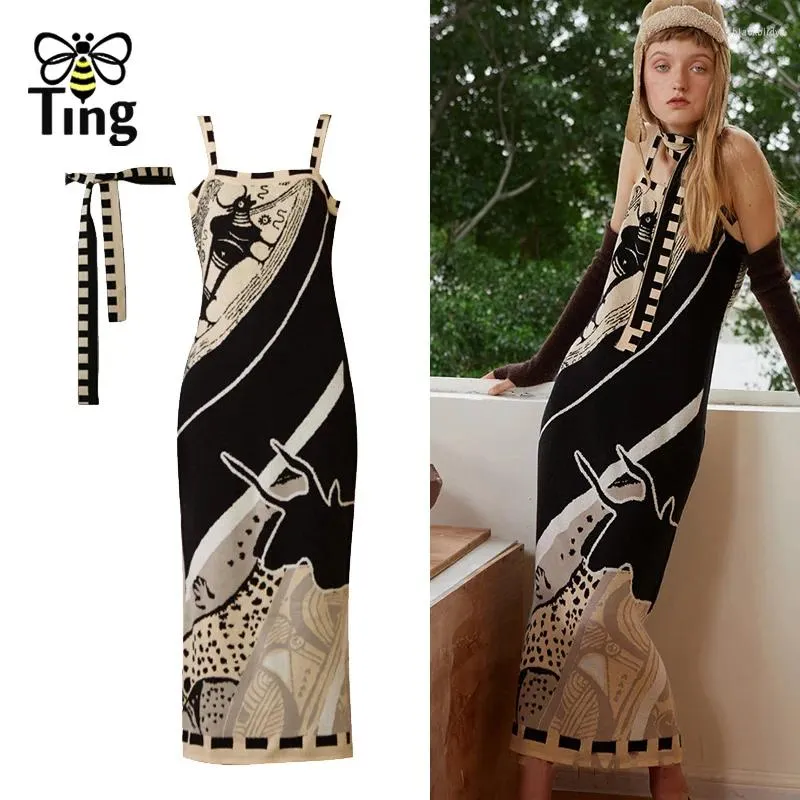 Vestidos informales Diseñador Tingfly Fashion Patrón floral Knitting Midi Midi Long Dress Lady Knitwear