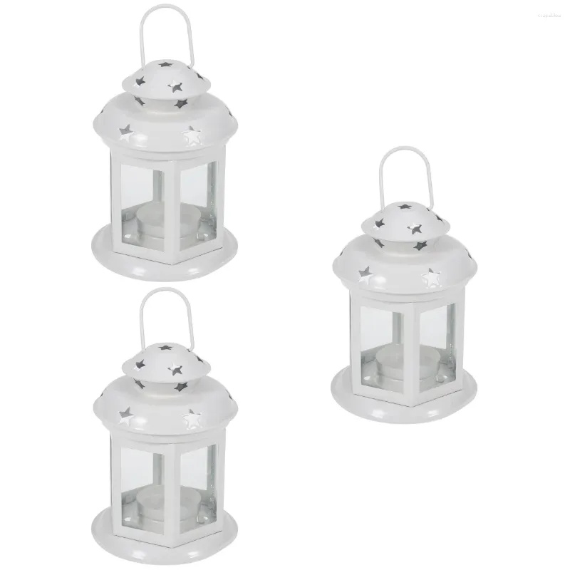 Titulares de vela 3pcs portátil Hollow Whild Iron Holder Candlestick Lancter Wind Lantern for Party Home Table Decoration (White)