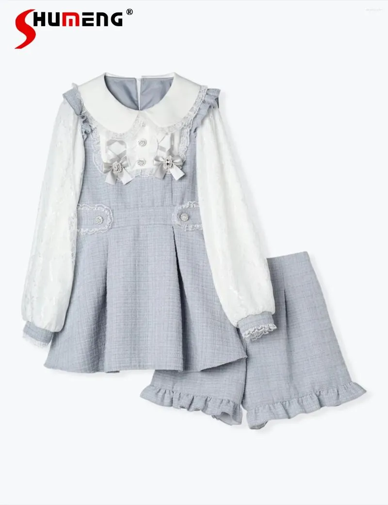 Robes de travail Style japonais Sweet Suit 2024 printemps mignon collier de poupée à manches longues ultra courte et pantalon deux pièces ensemble