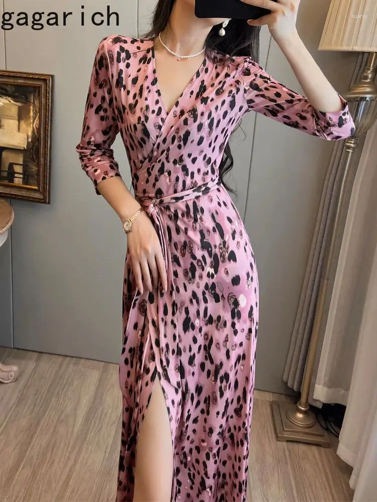 Casual Dresses Gagarich French Retro V-neck Temperament High Waisted Slim Long Fashion Pink Leopard Print One Piece Wrap Around Lady