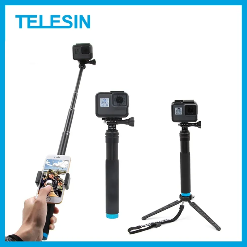 Sticks telesin 6 i 1 utdragbar aluminiumlegering selfie stick + löstagbar stativmonterad telefonhållare för GoPro sjcam xiaomi yi kameror