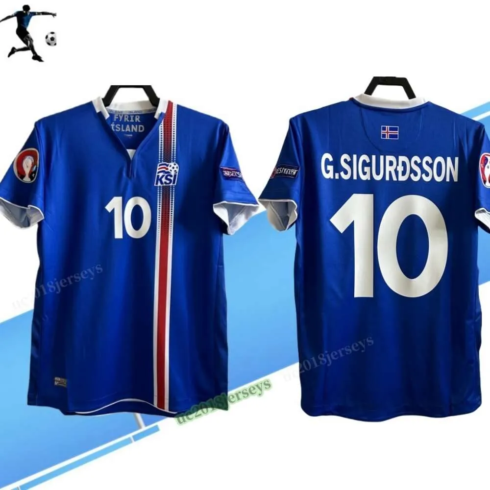 ホーム2016 2017アイスランドレトロサッカージャージーG.Sigurdsson 16 17アイスランドフットボールシャツブルー