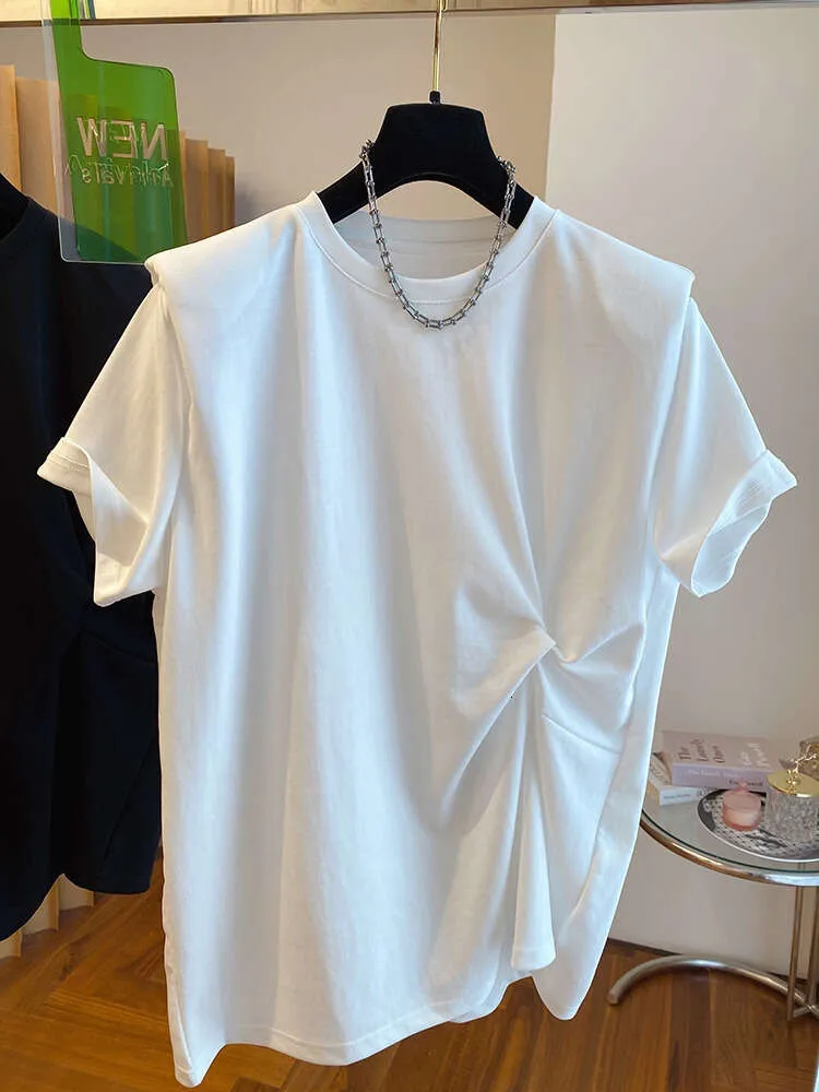 2024 NIEUW Loose Twisted Design T-shirt Dames korte mouwen Europees grote editie Katoenschouder Padded bovenste bovenkant Summer