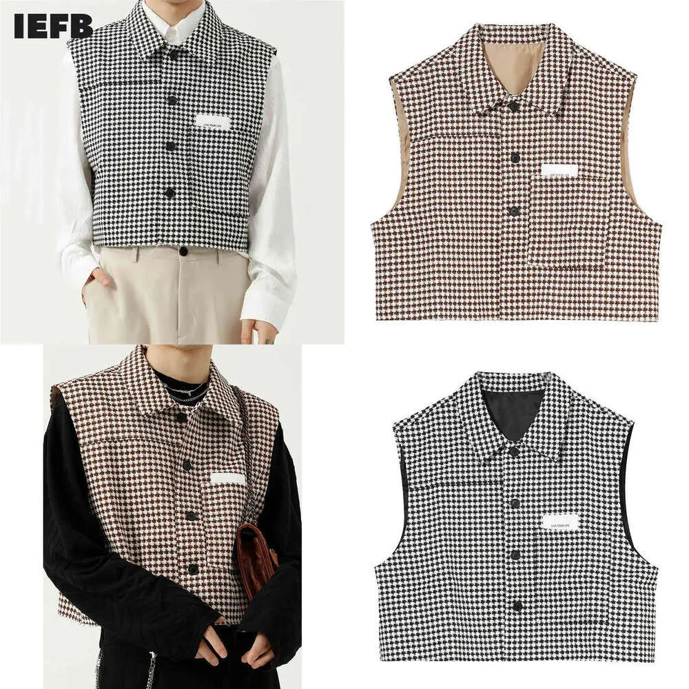 Men's IEFB Autumn Plaid Sleeveless Vest Korean Loose Trend Personality Streetwear Lapel Single Breasted Waistcoat 9Y8367 210923