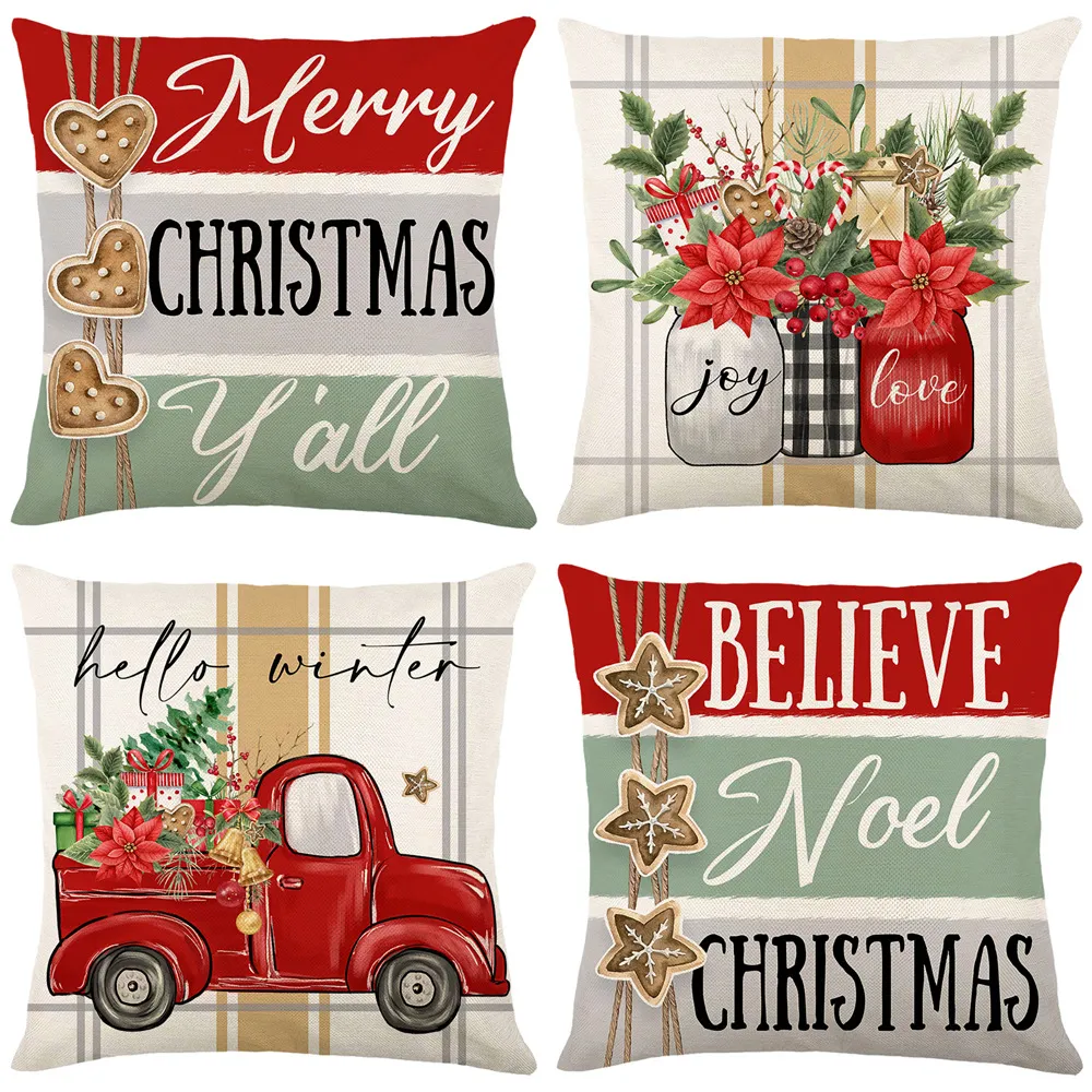 4 Pack Christmas Winter Pillow Covers Decoration18x18in Farmhouse Christmas Winter Throw Pillows Cushion Case Couch Decor for Christmas Home Outdoor Decorations