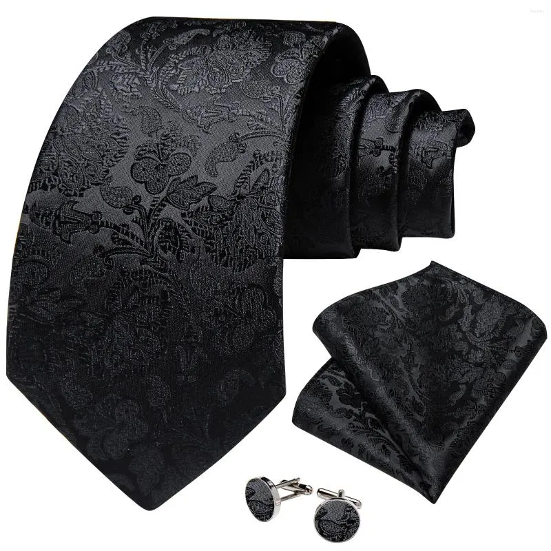 Bow Ties Luxury Black Solid Paisley Tie Stet Pocket Square Cufflinks 8cm Jacquard Goved Silk Wedding Party Neck for Men Associory