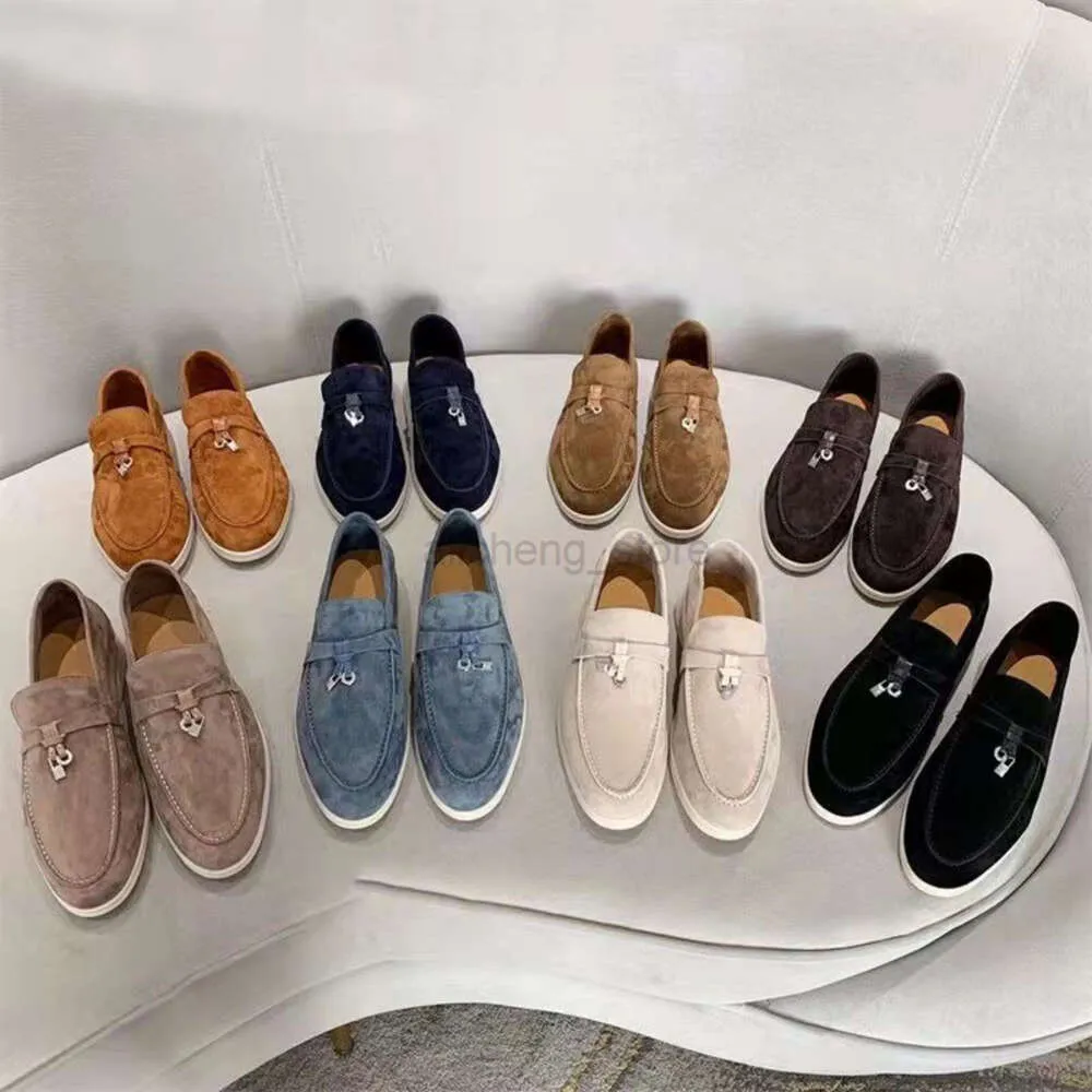 Luxury Loro Suede Shoes Summer Charms Embellished Walk Suede Loafers Couple Genuine Mens Womens Casual Slip On Flats For Men Women Flat Dress Shoes