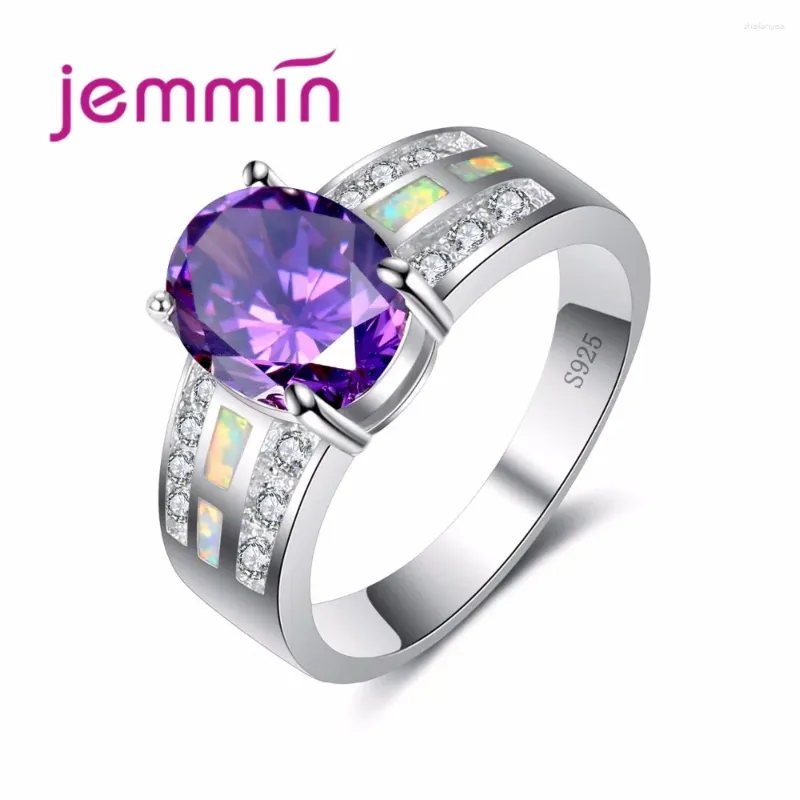 Cluster Rings Big Round Purple Oval Ring 925 Sterling Silver Jewelry For Women Wide Opal Wedding Valentine's Day Gift