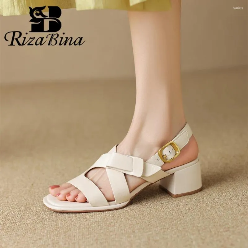 Sandals RIZABINA Vintage Women Genuine Leather Chunky Heels Back Strap Square Toe Summer Pumps Metal Buckle Leisure Shoes