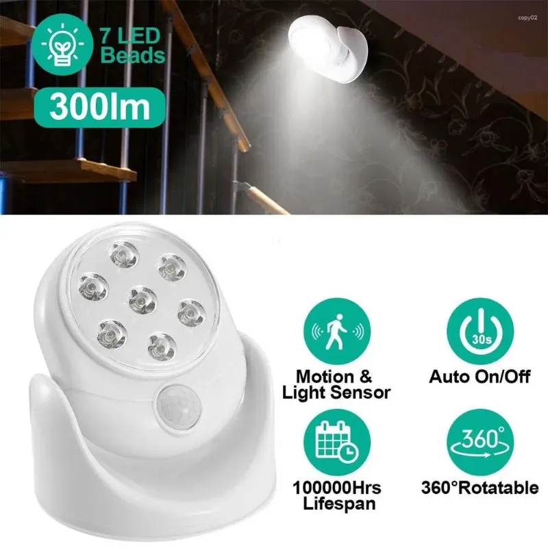 مصباح الجدار LED LED MOTION اللاسلكي مدمج في مستشعر نشط 360 درجة دوار الدرج الداخلي مصابيح الشرفة البيضاء