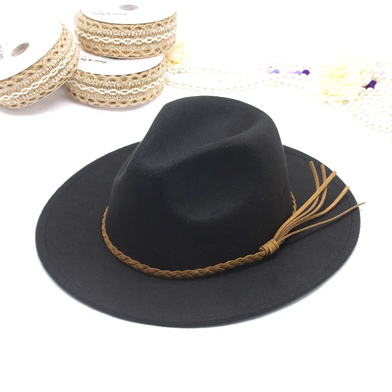 Szerokie brzegowe czapki wiadra fedora kapelusz zamsz ten sam kolorowy łańcuch duży krawędź brzoskwini Top 95cm Brim Fashion Unisex Jazz 230825