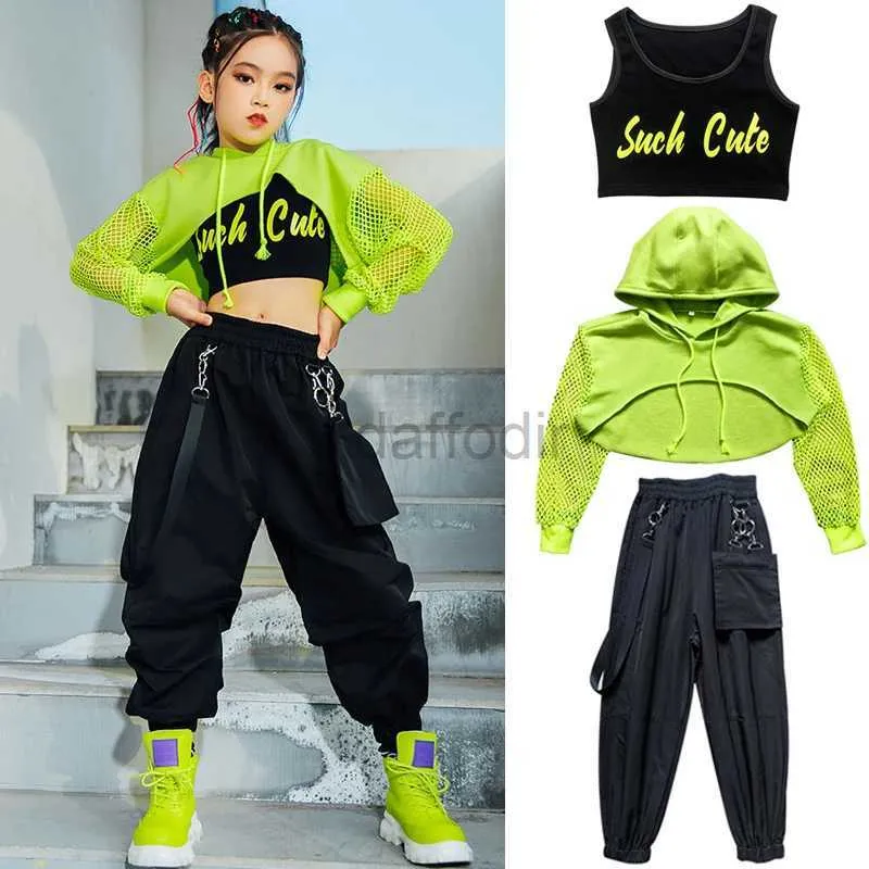 Stage Wear Jazz Costume Hip Hop Girls Abbigliamento Green Tops Green manica a rete pantaloni hip hop neri per performance per bambini abiti da ballo moderni BL5311 D240425