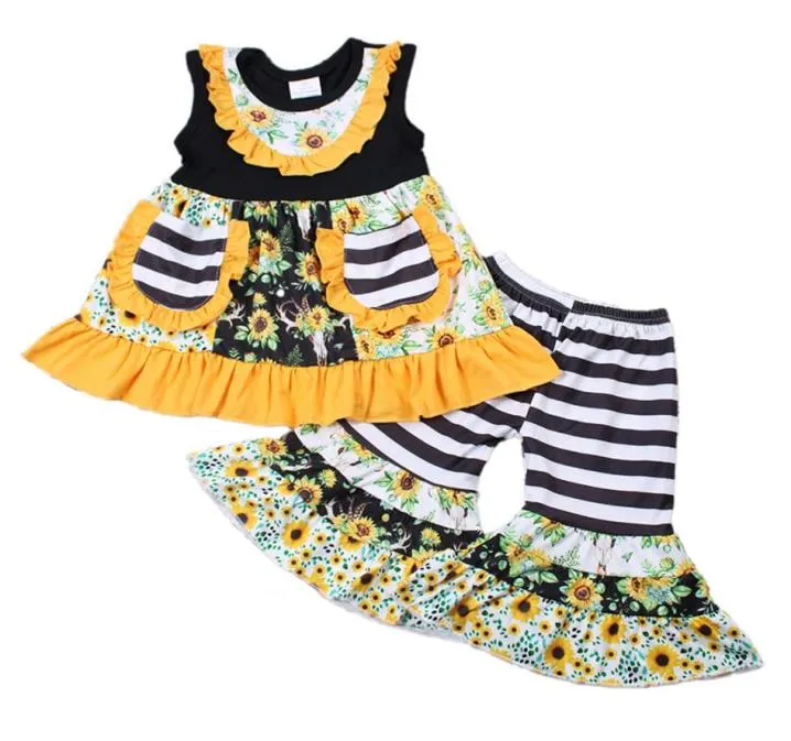 2020 Ensemble de vêtements pour enfants Summer Toddler Girls Sans manche robe top Bell Bottom Tenues 2pcs Print Boutique Clothing Suit Hot3094943