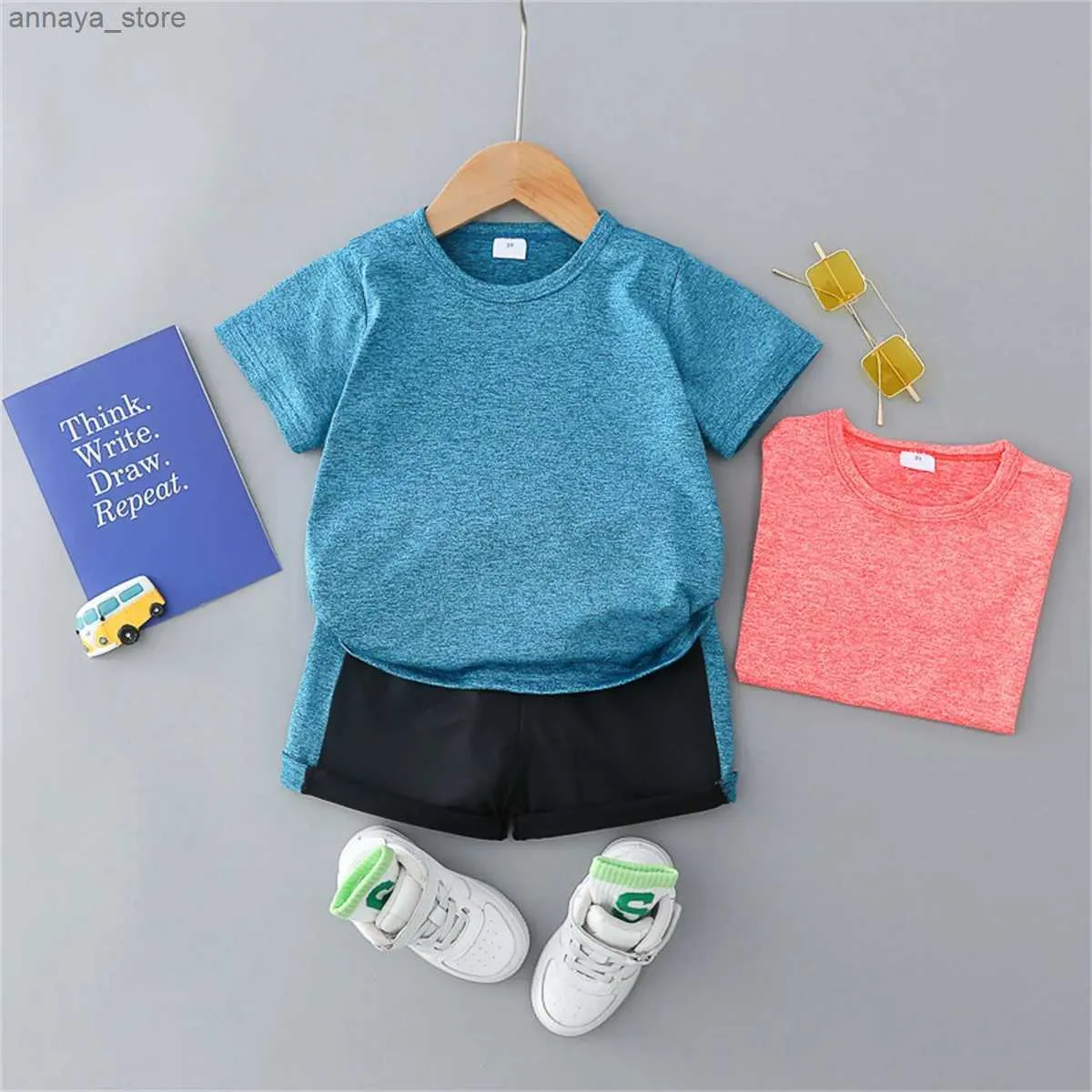 T-shirts 2PCS Childrens Summer Fashion Quick Drying Set Baby Solid Short Sleved Sports Setl2404