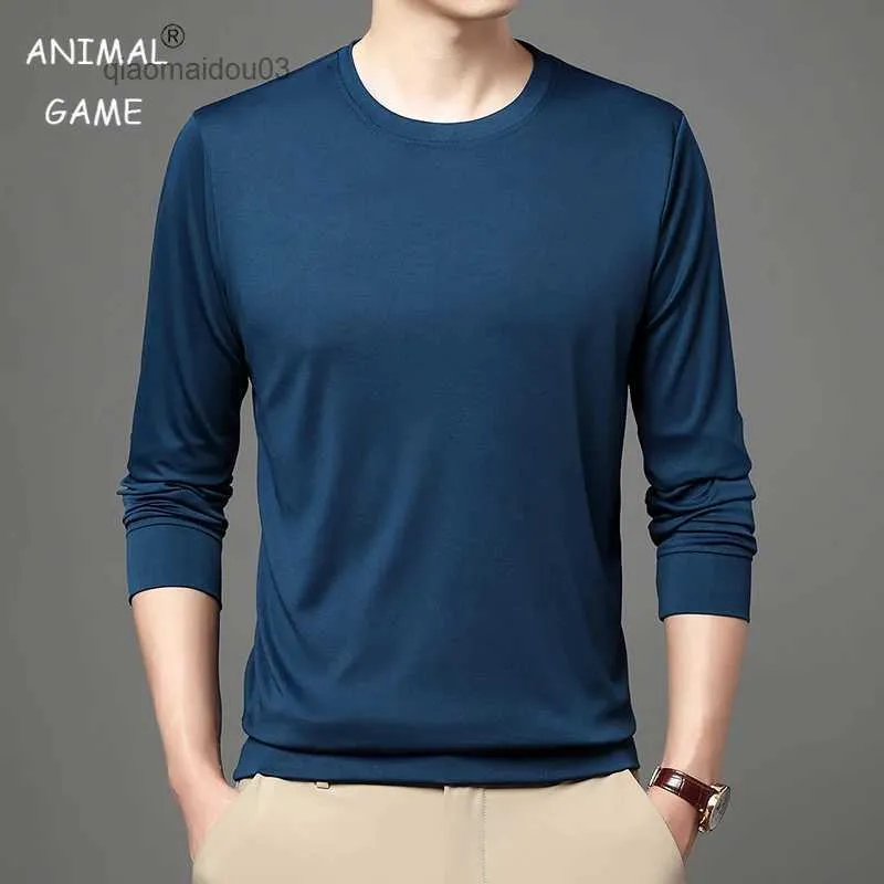 Men's T-Shirts Autumn Casual Loose Sweaters Man Long Sleeve Pullover Male Warm Fashion Solid Color Clothes Cotton Classic Plain TshirtL2404