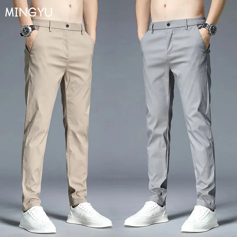 Lente zomer casual broek mannen dun een stretch slanke fit elastische taille business klassiek Koreaanse broek mannelijk kaki grijs 38 240423