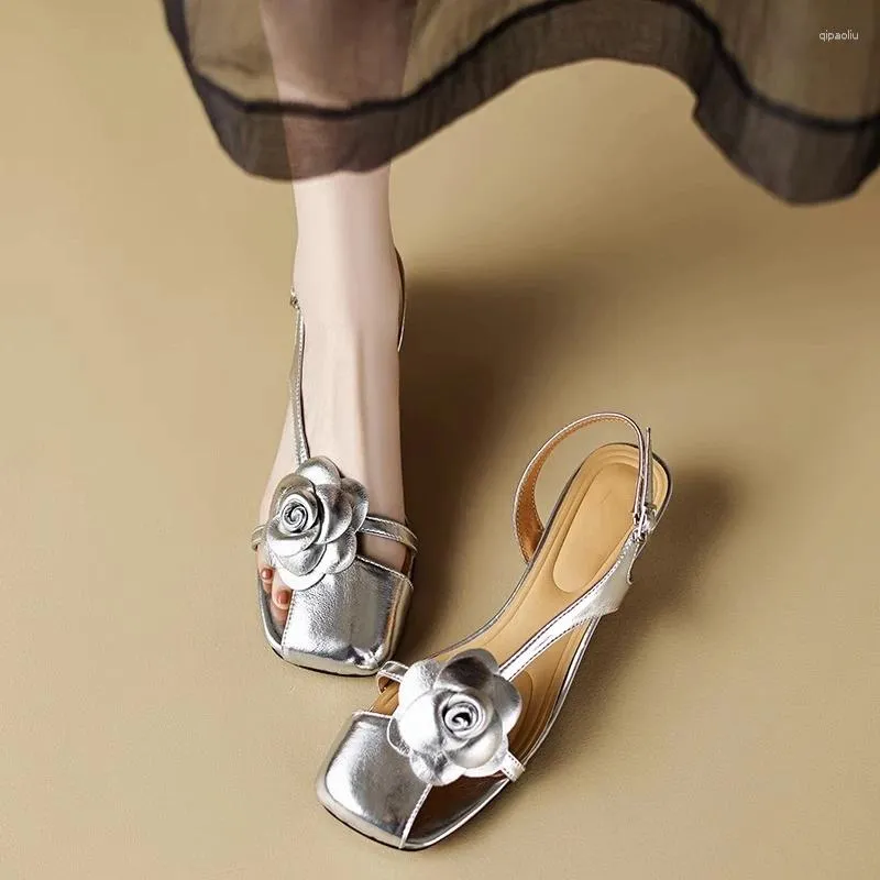 Casual Shoes Women's 2024 Trend Sandals Low Heel Mules Sweet Flowers Elegant Party Dresses Summer Footwear Barefoot Round Toe Heels