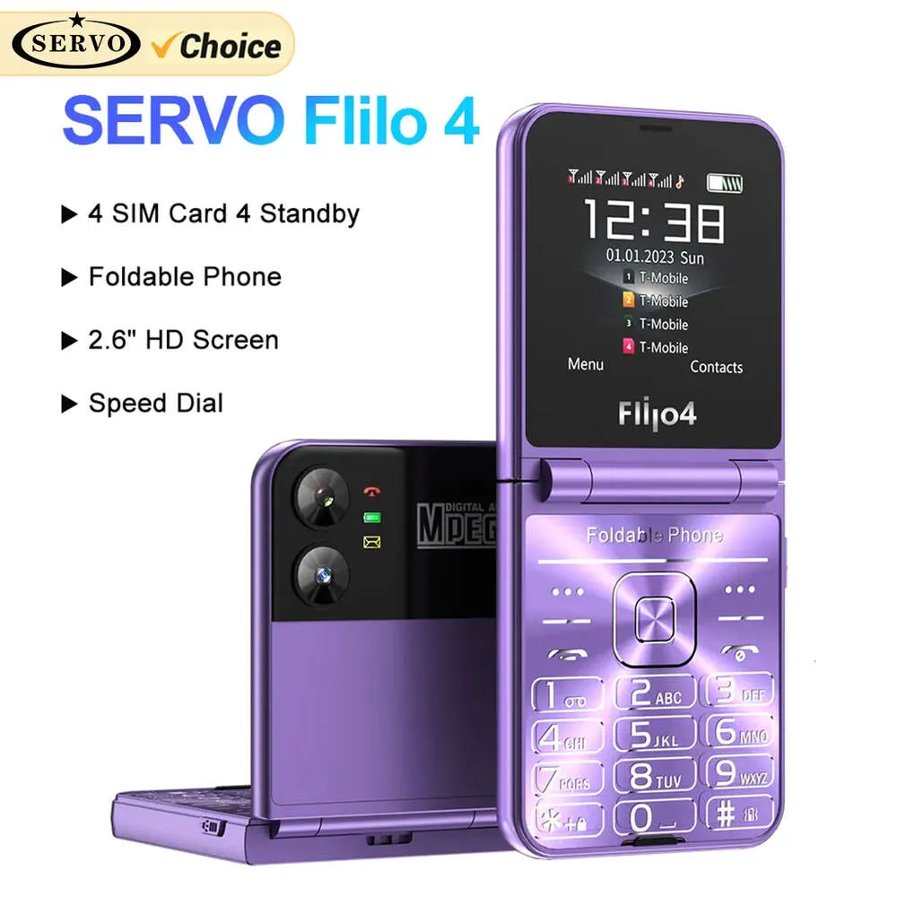 Servo Flilo4 Flip Flip Cell Celphone Four SIM GSM Cellular Network Latarka szybkie Wybierz Magiczny głos Składany telefon komórkowy Niska cena