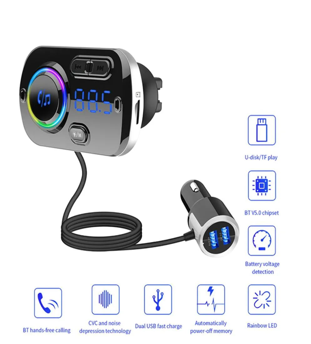 BC49BQ Rainbow Colors Bluetooth Hands Calling Car Kit FM Transmitter Radio MP3 Music Player Car Charger Dual USB Ports Adapte5612454