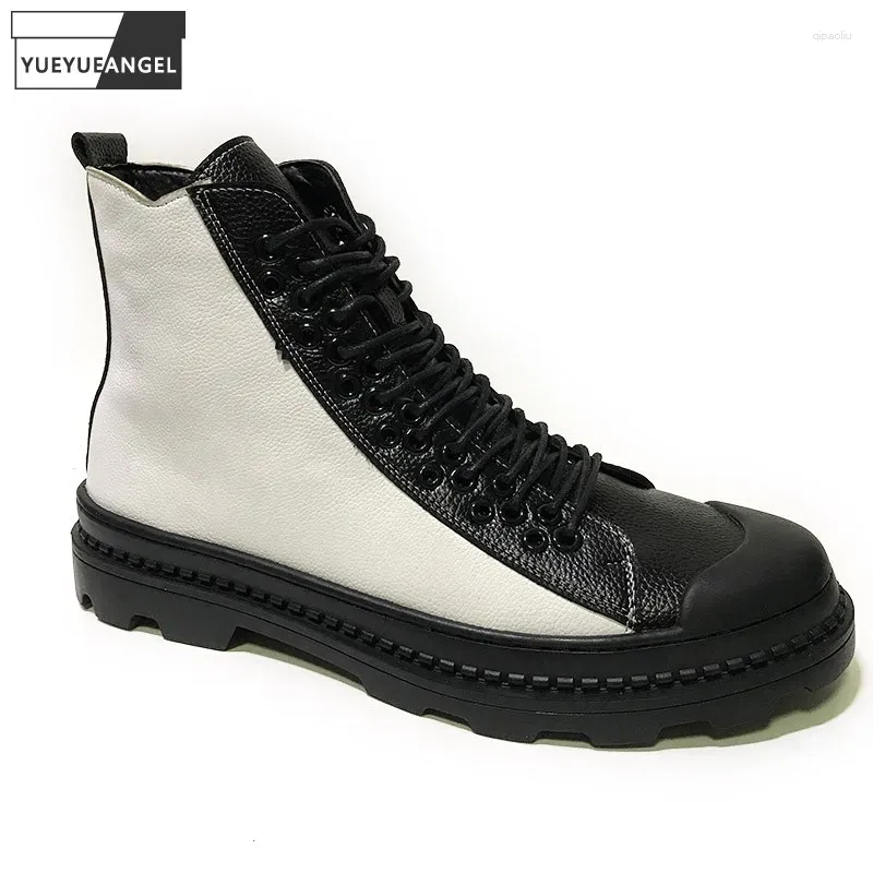 Casual Shoes Genuine Leather High Top Men Designer Mixed Colors Fashion Sneakers Flat Platform Work Mens Short Boots