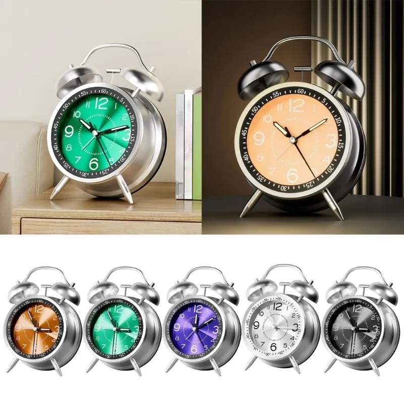 Clocks Portable Metal Alarm Clock Retro Round Double Bells Desk Table Clock Bedroom Home Decorations Portable Alarm Clock